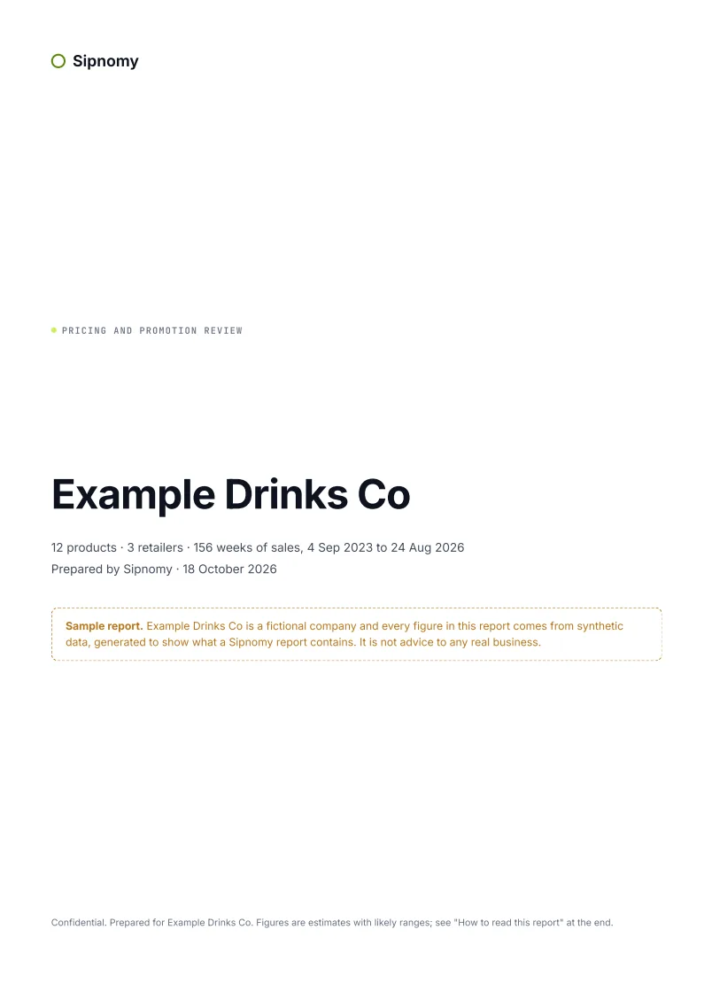 Cover page of the sample report for Example Drinks Co